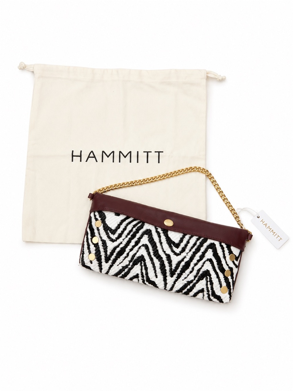 Hammitt Invitation Clutch Zebra Raffia Oxblood Leather Gold Chain New With Tags